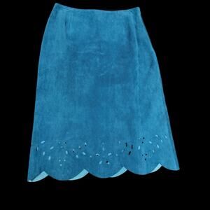 Womens Genuine Leather Midi Skirt Teal Blue Sz 4 Scalloped Hem Hana by Tamotsu